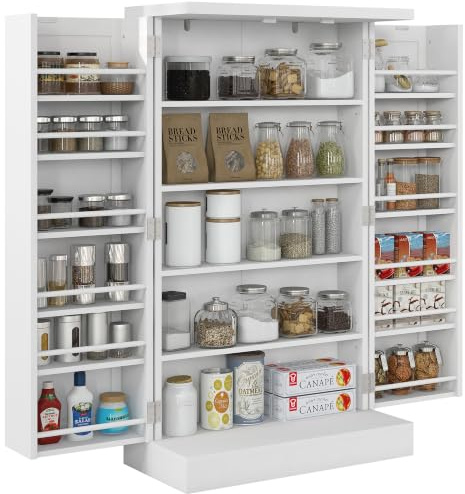 HOMCOM Credenza Cucina 104 cm Dispensa 2 Ante 12 Portaspezie Bianco | Ripiani Regolabili, 5 Ripiani, Mobile Cucina Moderno, Sala da Pranzo Soggiorno