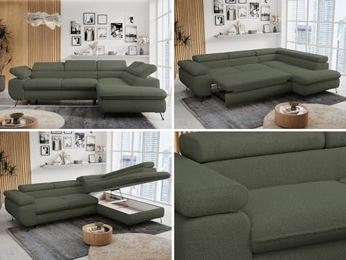 MKS MEBLE Ecksofa Sofa Grün, Wohnlandschaft L-Form mit Schlaffunktion und Bettkasten, Schlafsofa mit Bettkasten, Sofa mit Einstellbare Kopfstützen, Peter L - Grün Boucle - Rechts Grün