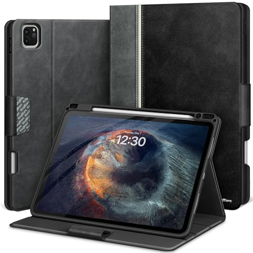 KingBlanc for iPad Pro 13 inch Case 2024 (M4) with Pencil Holder, Vegan Leather Protective Stand Cover, Auto Sleep/Wake, Support Pencil Pro/(USB-C), Multi-Angle Viewing, Vintage Notebook Style, Black