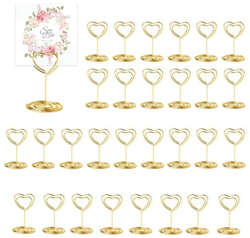 JRYGAC 30 Pezzi Oro Segnaposto Tavolo, Segnaposto Matrimonio, Porta Foto, Titolari di Carta Numero di Tabella, Memo Clip, per Feste, Ristoranti, Foto, Matrimoni, Banchetti, Eventi (A Forma di Cuore)
