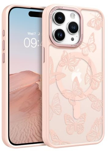 DUEDUE Magnetische Hülle für iPhone 15 Pro Kompatibel Mit MagSafe, Schmetterling Muster Design Stoßfest Schutzhülle Bumper Silikon Handyhülle, 6,1 Zoll, Hellrosa