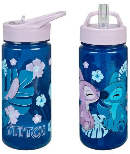Lilo & Stitch Water Bottle for Children with Motif - Plastic Water Bottle BPA Free - 500 millilitre - Integrated Straw - Ideal for School