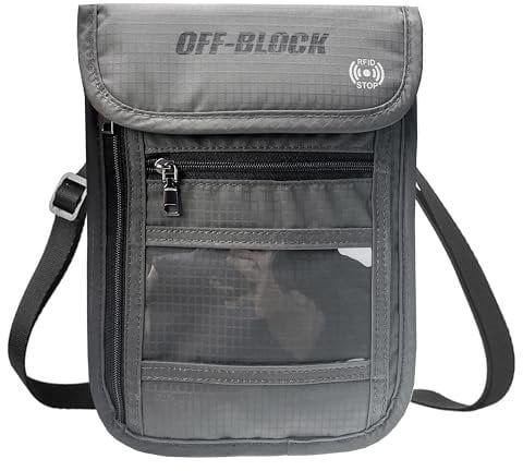 Off-Block RFID Brustbeutel dunkelgrau 5 Fächer Sichtfenster Brusttasche Umhängebeutel für maximale Sicherheit Schutz vor Datendiebstahl Smartphone Reisepass, Kredit- EC- Kreditkarten