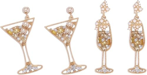 Ohrringe für Damen, Weinglas-Design mit Obst und Champagner, Festliche Party-Schmuck, Tropfen-Ohrringe (Gold A)