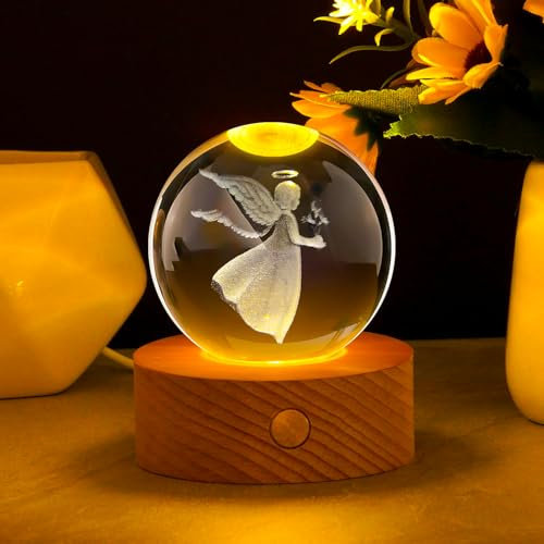 3D Kristallkugel Nachtlicht, Little Angel Kristallkugel Mit Led-Licht, Led Glaskugel mit Licht, Betende 3D-glaskugel Mit Holzsockel, Glaskugel Lampe als Geschenke Kinder zur Taufe, Geburt, Ostern
