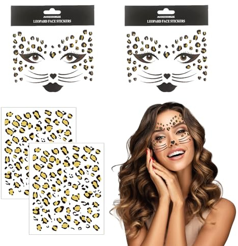 4 Pieces Leopard Face Art and Tattoo Stickers, Temporary Tattoos, Leopard Print Gifts, Glitter Face Stickers, Leopard Print Make-Up Stickers, for Birthday Parties Gift Carnival Cosplay (Brown)