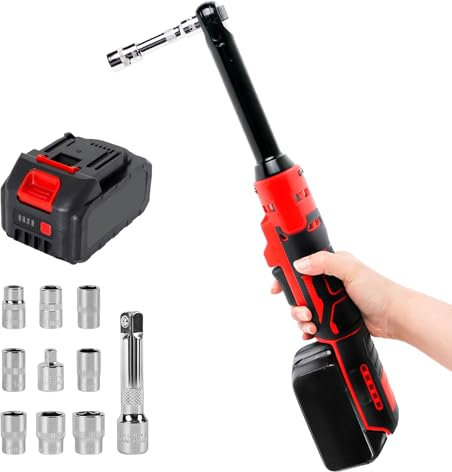 Llave de carraca con batería extendida de 3/8 pulgadas, carraca eléctrica de 80 N.m, 320 rpm, cabezal extendido de 16 cm, juego de llaves de trinquete con batería, luz LED integrada, 8 tomas