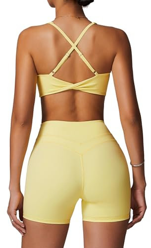 IDOPIP Sport Set Damen für Fitness: Gym Set 2 teilig mit V-Ausschnitt Twist zurück BH und Leggings kurz - Sommer Sportkleidung für Yoga, Pilates und Workout gelb S