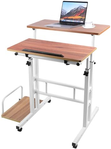 homewell Stehpult Schreibtisch mit 6 Rollen und Host-Tablett, Steh-Sitz Bürotisch, Tisch Computertisch Höhenverstellbar, PC Tisch Klein für Home Office, (60+22) x 60cm