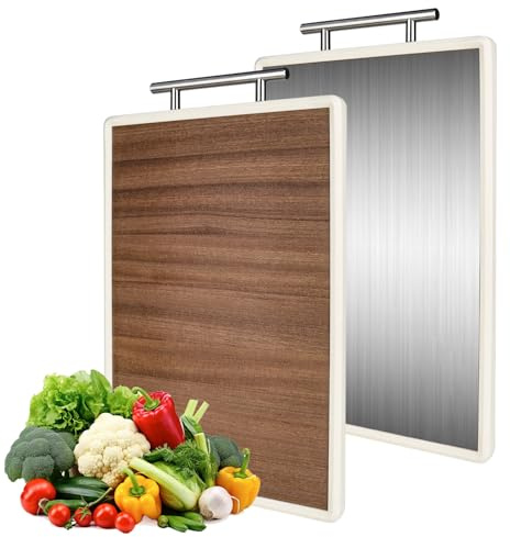 RUCUDIM Doppelseitiges Lebensmittel Grade Schneidebrett, Hygienisches Schneidebrett, Holzbretter Küche, Edelstahl Cutting Board zum Schneiden von Fleisch, Brot, Gemüse und Obst(1er Set mit Griff)