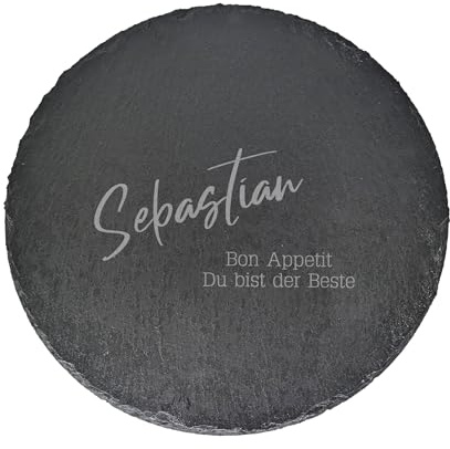 Herz & Heim® Personalisierte Servierplatte rund mit Gravur – Ø 35,5 cm Schieferplatte – Motiv wählbar – Geschenk zur Hochzeit, Geburtstag, Einweihung (Kursiv)