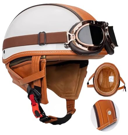 Casco Moto Retrò,casco moto uomo,Caschi per Scooter Anni '60 - Modello 3/4 in Vera Pelle con Visiera, Certificato DOT/ECE - Stile Retrò Chiuso/Aperto - Unisex Uomo e DonnaXL59-60CM