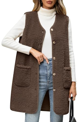 RITOSTA Fleece Women's Gilets Long Lightweight Ladies Jackets Sleeveless Womens Gilet Fluffy Longline Body Warmers Autumn Winter Spring Button Down Fuzzy Vest with Pockets(Coffee,L)