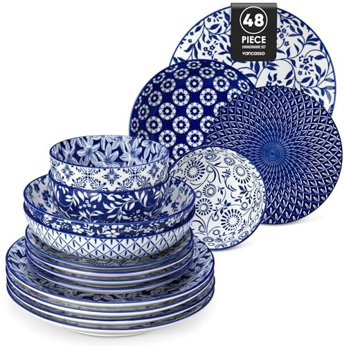 vancasso SELENE Service de Table 48 Pièces pour 12 Personne, Set Vaisselle en Porcelaine Bleu et Blanc - 12 Assiette Plates,12 Assiette Dessert,12 Assiettes Creuses et 12 Bols - Adapté au Micro-Ondes