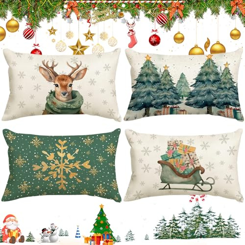 4er Set Kissenbezüge Weihnachten,KissenhüllenWeihnachten Kissenbezug,Weihnachtsdeko Kissenhüllen,Weihnachtskissen Kissen,Weihnachtskissenbezüge,Christmas Pillow Covers (Weiß und Grün, 30 x 50)