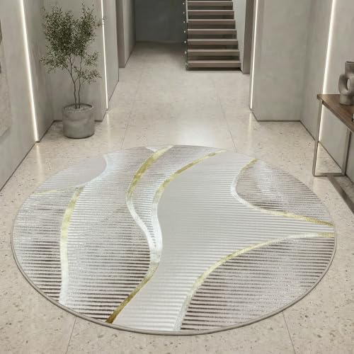 Teppich-Traum Kurzflor Teppich Wellenmuster Creme Weiß Gold Ø 120 cm | Pflegeleicht, schmutzabweisend, strapazierfähig, angenehm weich, seitlich gekettelt, fußbodenheizungsgeeignet, 8 mm Flor