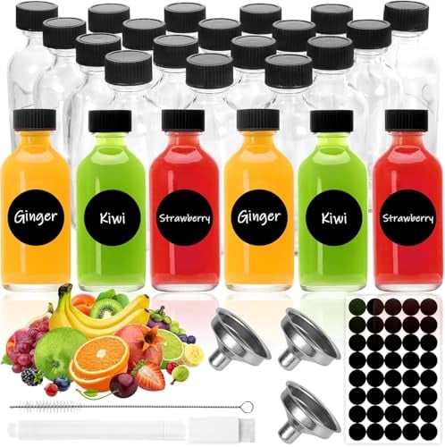 MWZEAUL 24PCS Mini Bouteille Verre, 60ml Petit Pot Verre Réutilisables, Mini Bouteille Shot Ginger avec Entonnoir Étiquette Brosse, Shot Petite Bouteille en Verre de Gingembre, Mignonette, Rhum, Jus