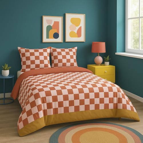 CÔTE DECO Parure de Lit 220x240 Adulte Coton Carreaux Rouge Rose- 3 pièces
