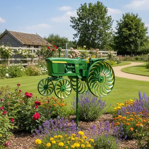 Garten Figuren Außen Metall Grüner Traktor Windmill, Windmill Garten Statue, Gartendeko Windmühle Windspinner Statue, Motorrad mit rotierenden Rädern Windspiele (A)