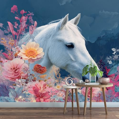 Carta da parati murale personalizzata Cavallo Bianco 3D 200 x 140 cm Fiori Fotomurali，Soggiorno Studio Biblioteca Sfondo Rivestimento Parete Decorazione Casa Affresco