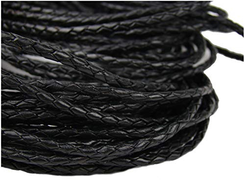 Esnado Cordon de cuir tressé rond 3 mm Noir Plusieurs longueurs, Cuir, Noir , 3 mètres