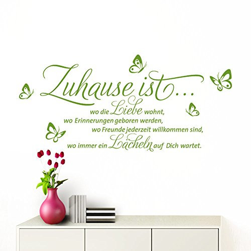 Grandora Wandtattoo Zuhause ist I gelbgrün (BxH) 58 x 31 cm I Schmetterlinge Wohnzimmer Spruch Aufkleber selbstklebend Wandaufkleber Wandsticker W1133
