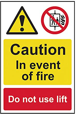 ‘Caution In The Event Of Fire Do Not Use Lift’ Sign, Self-Adhesive Semi-Rigid PVC (200mm x 300mm)