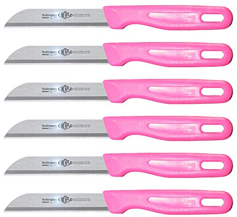 6 Stück Bunt Mix Eikaso® Solingen® Wellenschliff Brötchenmesser Schälmesser Gemüse- Obstmesser Fruit Knife 8cm (Pink)