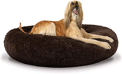 JRUI Weiches Hundebett Rund plüsch Haustierbett Donut HundeKorb Kuschelkissen Warme kuscheliges Hundesofa für Mittelgroße und Große Hunde- Braun 100x100x26cm