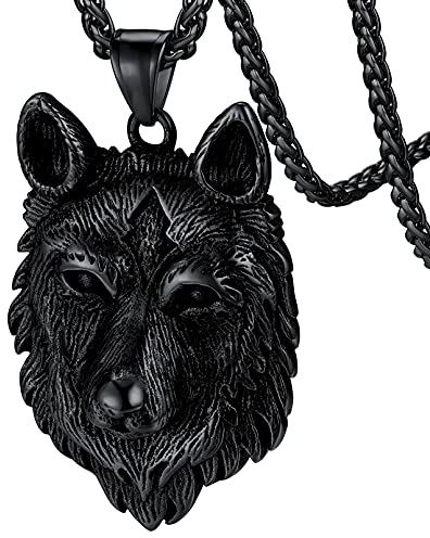 FaithHeart schwarz Herren Anhänger Nordischer Wolfkopf Amulette Anhänger Punk Wiking Stil Amulett Halskette mit Geschenkebox für Valentinstag Weihnachten