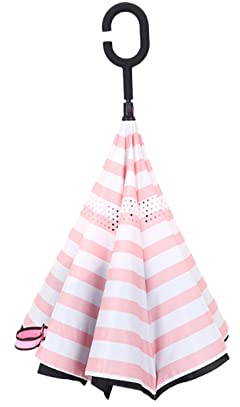 WOWGADGET Paraguas invertido con mango en C - Rosa/blanco - Sombrilla de doble capa. A prueba de viento - Resistente al viento y a los rayos UV- Protege de la lluvia, la tormenta y el sol.