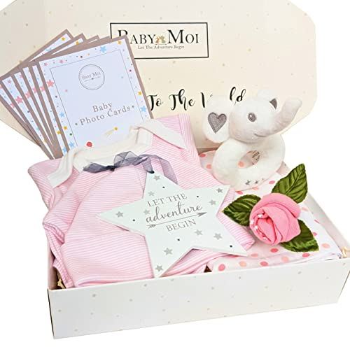 Welcome to The World 7-teiliges Baby-Geschenkbox, für Neugeborene, Kleidung, Socken, Spielzeug, Plakette, Babyparty, Geschenk, Mama, werdende Elefant, Rosa (Mädchen)