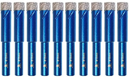 BRSCHNITT Diamond Drill Bit Set - 10pcs 10mm Hole Saw Core With Round Shank for Porcelain Tile, Ceramic, Stone, Granite, Marble - Hex Shank Dry Drilling Core Bit Kit