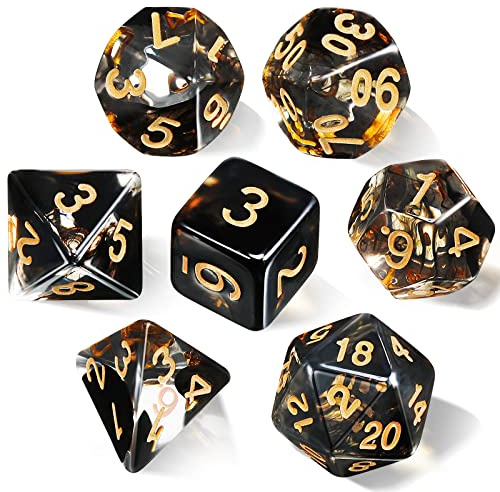 Aoriher Set de 7 Dados Poliédricos, Transparente Oscuro | Juego de Dados Calabozos y Dragones, Con Bolsa Negra, Juego de Rol RPG