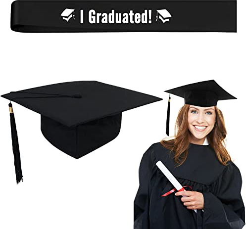 Ledeak 2 Stück Student Graduation Hut und Graduate Satin Schärpe, verstellbare Abschlusskappe Erwachsene Bachelor Master Doctor Supervisor Kappe mit gelber Quaste, Schultergurt für Feiern, Zeremonie