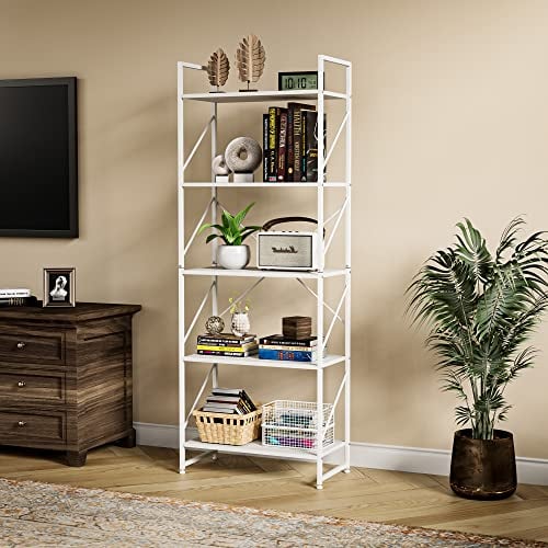YITAHOME Bücherregal mit 5 Ebenen, freistehendes Bücherregal, Holzregal und Metallrahmen, Aufbewahrungsregal für Wohnzimmer, Heimbüro – reines Weiß