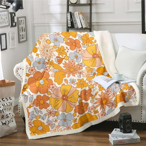 Erosebridal Hippie Blume Decke Groovy Geburtstag Dekorationen Überwurfdecke für Bett Niedliche Regenbogen Floral Reisedecke Twin Size für Mädchen Frauen Schlafzimmer Dekor Retro 70er Jahre Thema