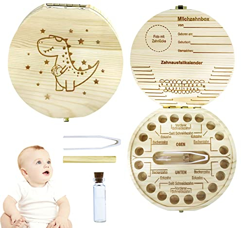 Zahnbox Holz, Dino Zahnschachtel,Zahndose Milchzähne Mädchen, Milchzahndose, Zahnboxs Souvenir aus Holz, Aufbewahrungsbox für Baby-Zähne,Zahnbox holz Milchzähne Box, Milchzahndose Souvenir Box (A)