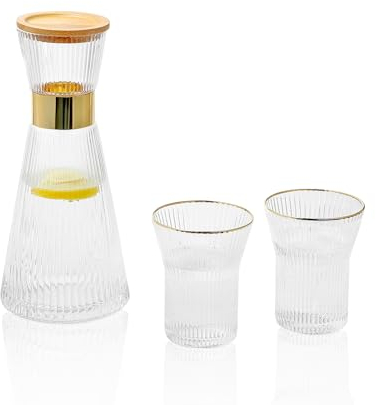 Caraffa per acqua da comodino in vetro vintage con 2 tazze, caraffa in vetro a coste con coperchio, 963,9 g