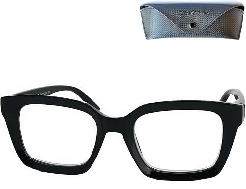 Blaulichtfilter Lesebrille Damen mit UV-Schutz, Blaufilter, 2 Formen | Schwarzer dicker Rahmen: quadratisch oder markant kantig, mit transparenten Gläsern und Etui
