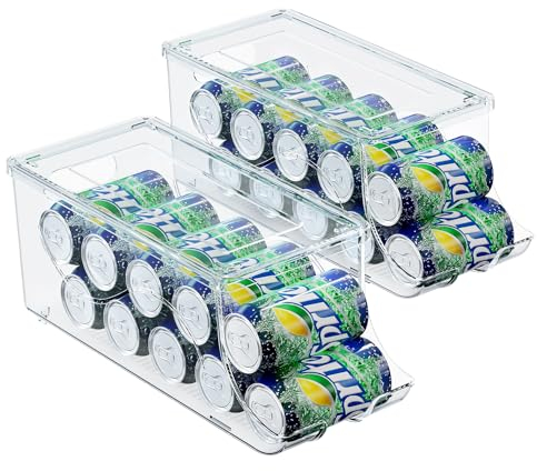 SCAVATA Soda Can Organizer for Refrigerator, Stackable Canned Food Pop Cans Container Can Holder Dispenser with Lid for Fridge Pantry Rack Freezer, Clear Plastic Storage Bins (Hold 20 Cans)