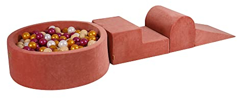 MEOWBABY Spielplatz aus Schaumstoff mit Bällebad 240x45cm - Schaumspielset mit 200 Bälle für Kinder, Velvet, Marsala-Rot: Perlweinrot/Golden/Perlweiß/Beige