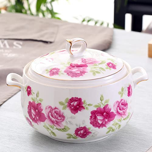 Soupière en céramique avec couvercle, grande capacité de 3 L, avec double poignée, pour cuisine, porcelaine, azalée avec bordure dorée, passe au micro-ondes et au lave-vaisselle (type 4)