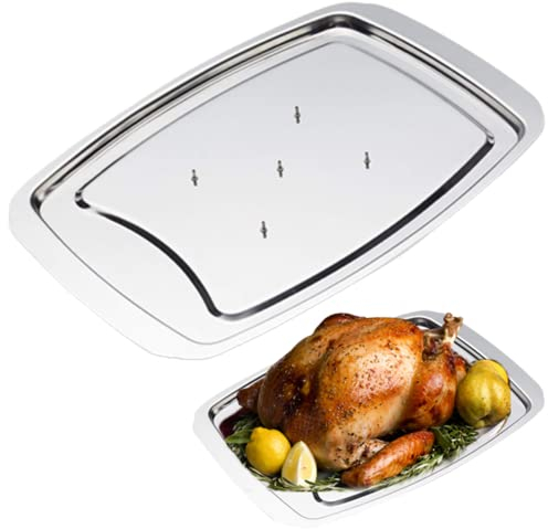 Gcroet Meat Carving Board, Metal Meat Stainless Steel Carving Tray Spiked Meat Dish With Spiked Caps Polished Non-Slip Serving Tray Turkey Pan For Slicing, Cutting, Chopping.