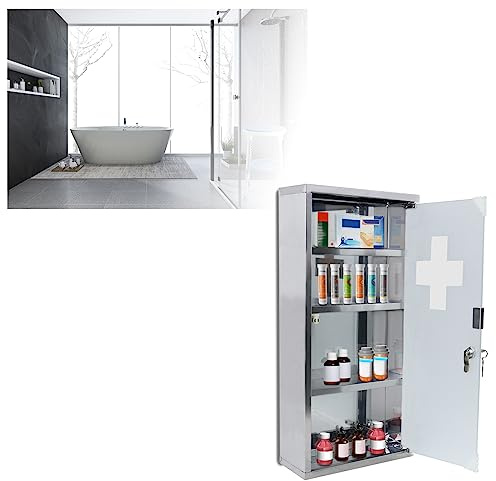 HENGMEI Medizinschrank Medikamentenschrank Abschließbar 4 Fächer Apothekerschrank, mit Mattglas Tür, für Hausgebrauch Pharmazeutische Erzeugnisse Arzneimittel Salben Lagerung, 30 x 12 x 57,5 cm