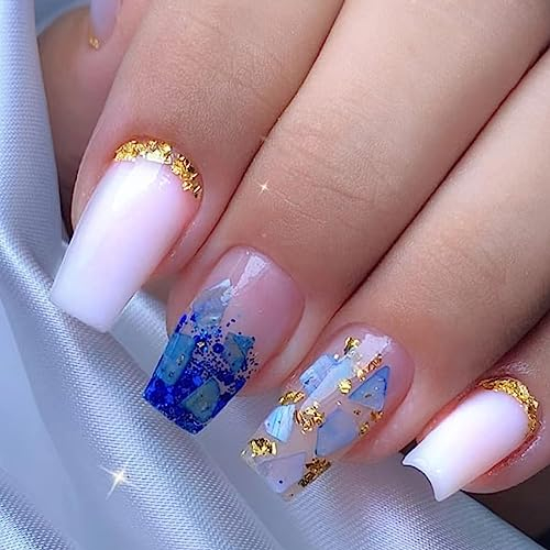 Lot de 24 faux ongles courts à coller - French manucure - En acrylique - Brillants - Paillettes - Pour femmes et filles