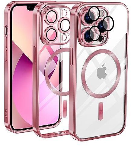KetteTech Coque Magnétique pour iPhone 13 Pro, Compatible avec MagSafe Étui Protection Antichoc Militaire Silicone Ultra Mince Housse Anti-Vibration et Anti-Empreintes, Or Rose Transparent
