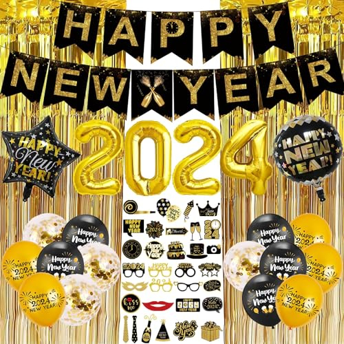 Silvester Party Dekoration Set 2024, Happy New Year Party Dekorationen 2024, Happy New Year Ballons 2024, Happy New Year Banner, Black Gold Happy Neujahr Deko, Silvester Party Dekoration 2024 (Stil 2)
