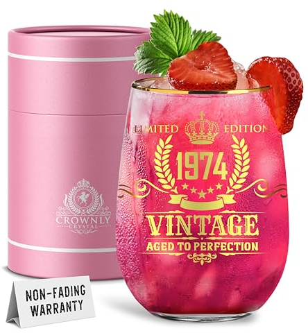 CROWNLY CRYSTAL® 1974 Gin Glasses - 51st Birthday Decorations for Women - Personalised Crystal Wine Glass for Nan, Mom, Auntie - Ladies Birthday Gift