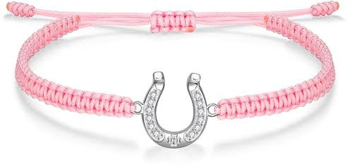 J.Endéar Armband Hufeisen für Damen Silber 925 Zirkonia, Handgefertigtes Filigranes Geflochtenes Armband Rosa für Mädchen, Glücksschmuck verstellbar für Jung